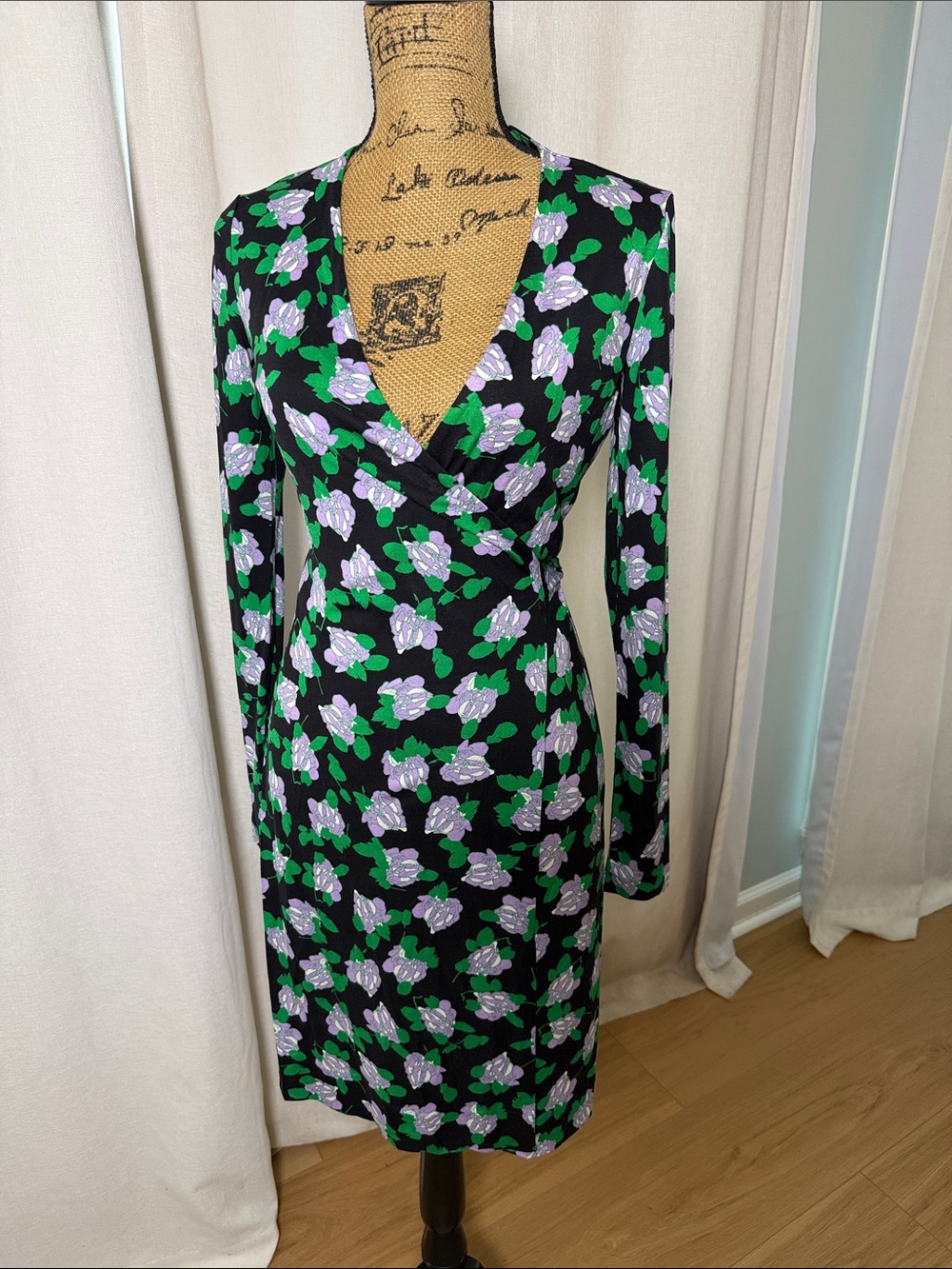 Diane Von Furstenberg Black Wrap Dress with Lavender Flowers and Green Leaves